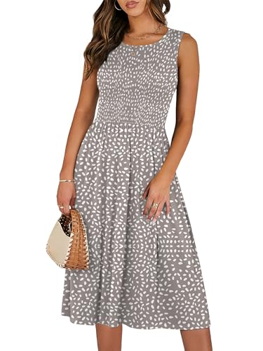ANRABESS Womens Summer Casual Midi Dresses Sleeveless Smocked Elastic Waist Flowy Sundress 2026 Spring Beach Vacation Clothes Grey Khaki White Dot Large
