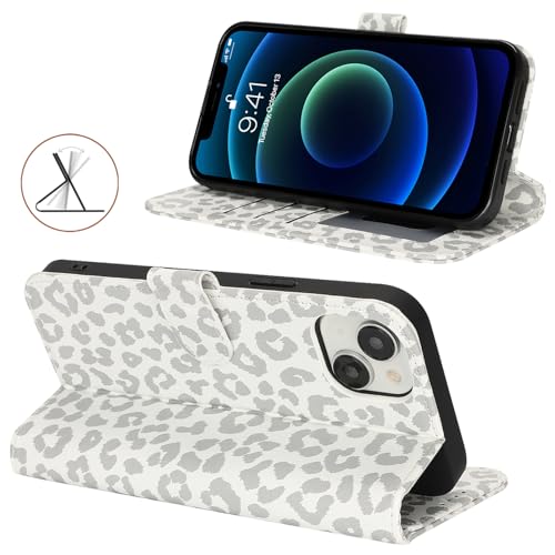 Image of for iPhone 13 Mini Case Wallet with Card Holder,for iPhone 13 Mini Wallet Case for Women Men,PU Leather Shockproof Magnetic Buckle Stand Flip Phone Case-White Leopard