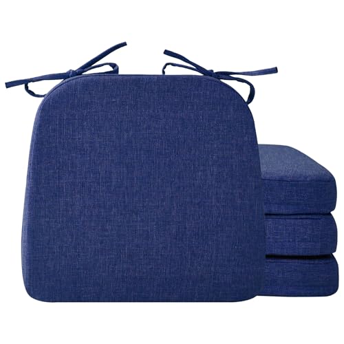 Ruqmuis Chair Cushions for Dining Chairs, 2" Thick Seat Cushions for Kitchen Chairs, D-Shaped Chair Pads with Washable Cover, Ties and Non Slip Backing, 17'' x 16'', Set of 4, Blue