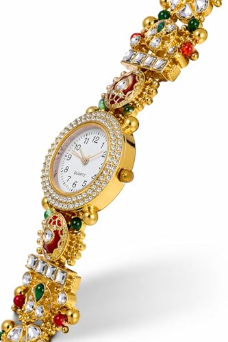 Image of Kashmiri Meenakari Round Dial Bracelet Watch, Gold Tone, Red and Green Kundan, Traditional Indian Jewellery Style