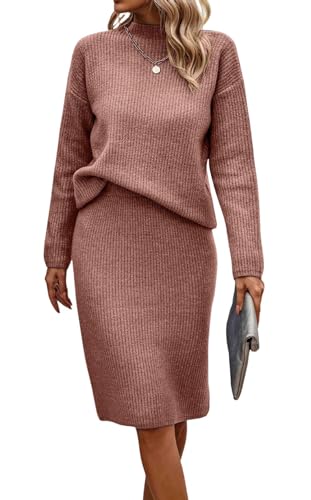 Image of Women 2 Piece Knit Sweater Skirt Set Midi Sweater Dress Long Sleeve Pullover Bodycon Knitted Skirt Set Outfit
