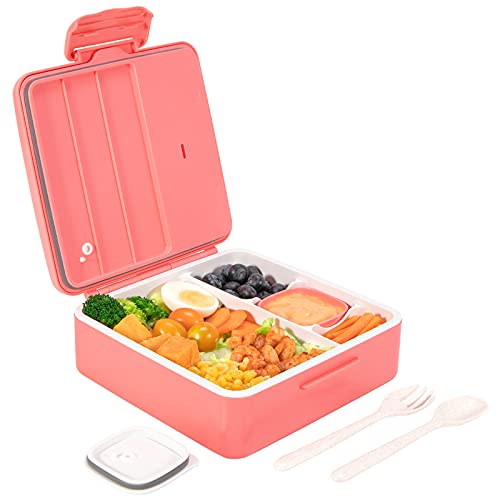 Bento Box,1300 ml Bento Lunch Box avec 4 compartiments anti-fuite pour enfants et adultes avec couverts et verre à yaourt 90 ml Rose Cover