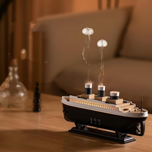 Image of Titanic Steam Ship Humidifier Diffuser - Ultrasonic Aromatherapy Mist Maker with Multicolor LED Lights | Ship-Themed Cool Mist Diffuser for Home, Office, Bedroom Decor.