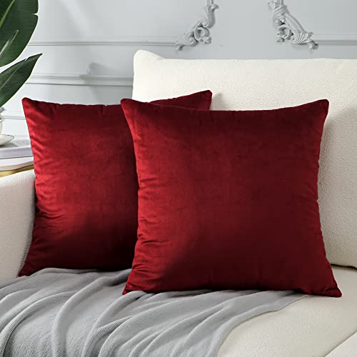 Ohok Lot de 2 Housse de Coussin 45 x 45 cm Taie d'oreiller en Velours de Couleur Pure pour Maison Salon Canapé Chambre Décoratif (Vin Rouge) Cover