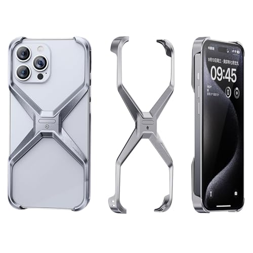 X Shape Anti-Fall Bare Phone Case, X Shaped Metal Frame for iPhone 15 14 13 Pro Max, Dissipate Heat Frameless Aluminum Alloy Anti-Fall Metal Corner Pad Case for iPhone (for iPhone 15 Pro Max,Silver)