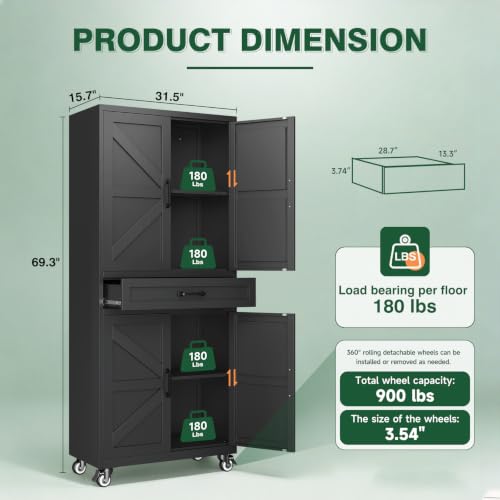 Image of Letaya Metal Garage Storage Cabinets with Wheels,Black Rolling Tool Cabinet