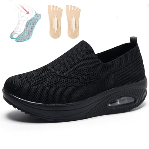 PTKG Orthopädische Schuhe Damen Sommer Sneaker, 2023 Neu Luftpolster Mesh Diabetiker Turnschuhe Mit Luftkissen, Weich Bequeme Slip on Walkingschuhe Sandalen Sportschuhe,Schwarz,37EU