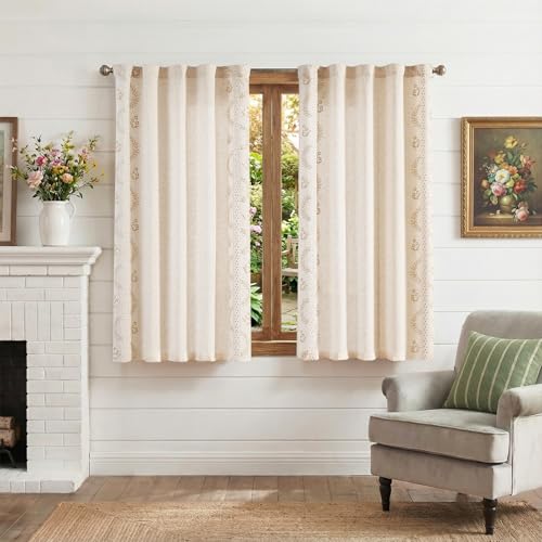 Image of jinchan Beige Floral Linen Kitchen Tier Curtains 50x45 Inch 2 Panels