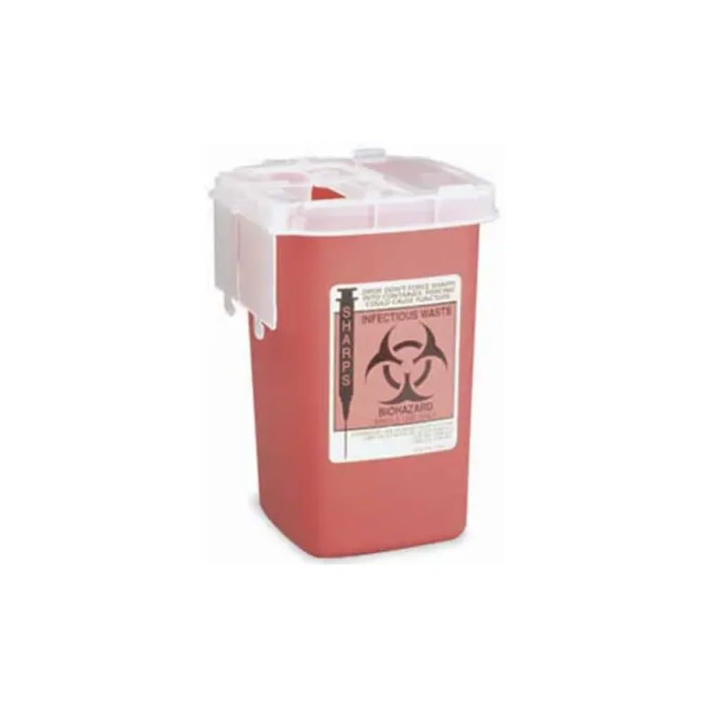 Kendall Sharps Container 1 Quart Red Biohazard Needle Disposal Container Portable Phlebotomy Sharps Box with Locking Lid Clear