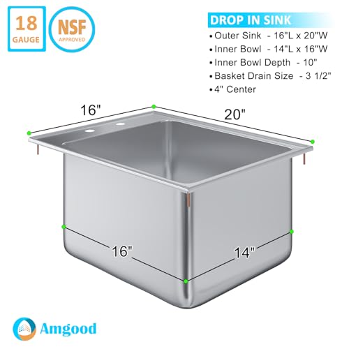 Image of Stainless Steel 1 Compartment Drop-In Sink. Bowl 14 in. x 16 in. x 10 in. No Faucet