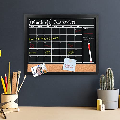17"X 13" Magnetic Chalkboard Calendar Rustic Wood Framed Chalk Board For Walls Monthly Planner Board Bulletin With Corkboard 3Chalk Markers 9Push-Pins And 3Magnets For Office School Home Kitchen #TOP5