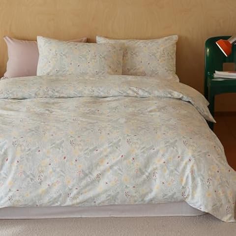 BlueBlue Botanical Duvet Cover Set Queen 100% Cotton Bedding for Kids Boys Girls Teens Floral Bird Leaf Forest Pineapple on White 1 Garden Flower Full Comforter Cover 2 Pillow Shams, Queen Cover