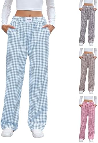 Gingham Pants Women Plaid Wide Leg Trousers Women Checkered Clothes Light Weight High Waisted Lounge Pants