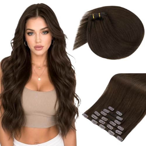 Image of Sunny Hair Clip in Hair Extensions Real Human Hair 16 Inch 135g Remy Extensions Brown for Women Thick Natural Hair for Volume and Length