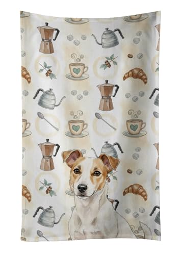 Caroline's Treasures White and Tan Jack Russell Terrier Coffee Bar Kitchen Towel Velour Plush Front and Cotton Loop Back Machine Washable