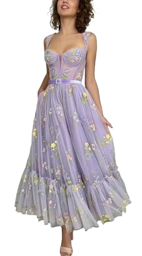 Xijun Women's Flower Embroidery Tulle Prom Dresses Corset Ruched Tea Length Floral Formal Evening Party Gowns