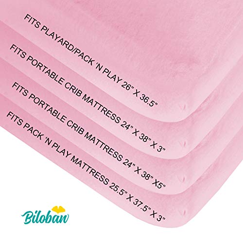 Biloban Pack and Play Sheets Fitted, 2 Pack Pack and Play Sheet Fits for Graco Pack n Play Mattress, Neutral Playard Sheets for Baby Boys and Girl, White & Pink, 38”X 26”