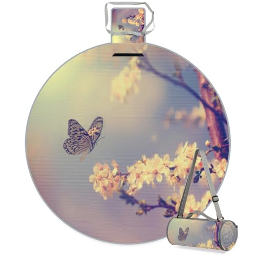 Shimoshe Butterfly Cherry Blossom Picnic Outdoor Blanket Foldable Waterproof Sandproof Beach Blanket Portable Water-Resistant Round Picnic Mat for Travel Camping Park Lawn