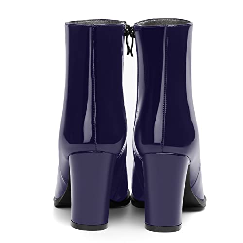 ROSERWISH Womens Fashion Casual Fall Winter Patent Round Toe Side Zip Block High Heel Ankle High Boots 3.5 Inch4