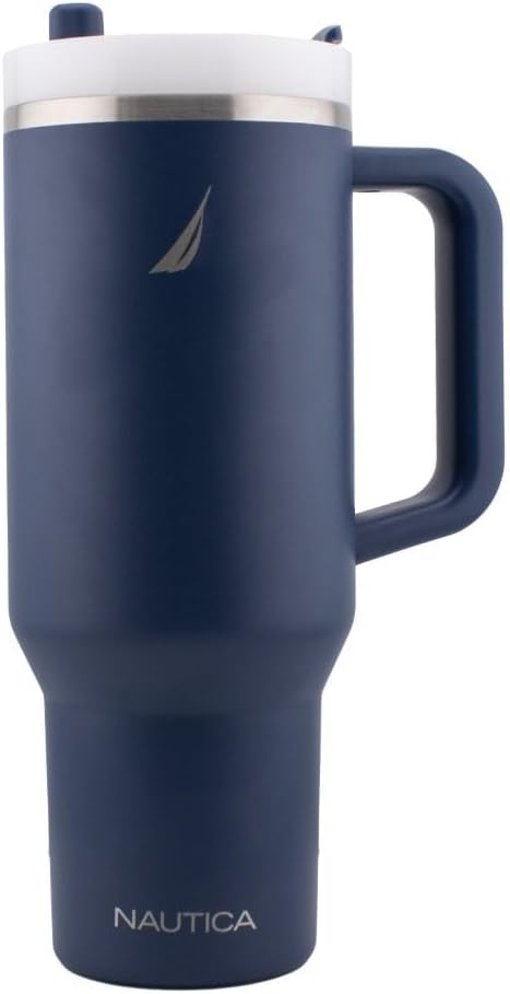 Nautica 40 oz Large Insulated Tumbler with Handle & Straw with screw on cap, Reusable Water Bottle Stainless Steel Travel Mug for Hot Cold or Iced Drink, BPA-Free, Fits Car Cup Holders (Navy)