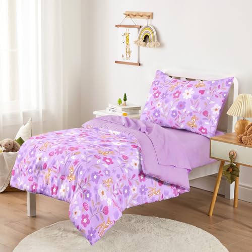 Image of Wake In Cloud - Floral Toddler Bedding Set for Girls, Cute Colorful Botanical Flowers with Deers, 4 Pieces Soft Crib Bed Set Including Comforter, Sheets and Pillowcase, Lavender