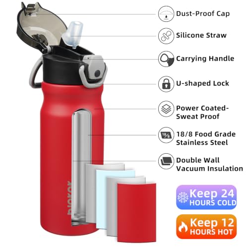 Image of BJPKPK 18 oz Water Bottle with Straw & Handle, Insulated Stainless Flask | Leak Proof Locking Lid, Thermal, Double Wall Vacuum, Keeps Hot /Cold, BPA Free, Dishwasher Safe, Travel & Sports, Red