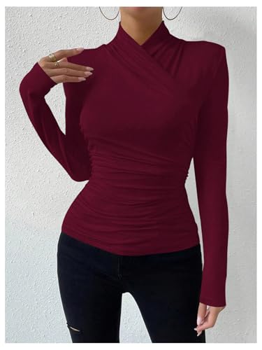 Image of SweatyRocks Women's Ruched Mock Neck Long Sleeve T Shirt Solid Slim Fitted Tee Tops