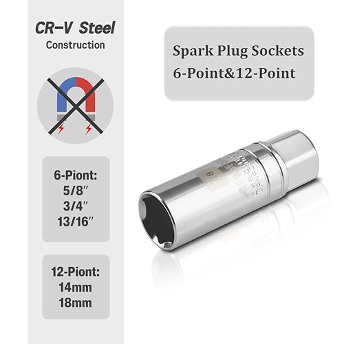 Image of AEROFORCE 14PCS 3 /8 inch Drive Spark Plug Socket Set - Includes 2 Magnetic Sockets (14mm, 16mm) & 5 Rubber-Grip Sockets + Torque Wrench (5-45 Lb.ft), Swivel Joint & Extension Bar - CR-V Steel