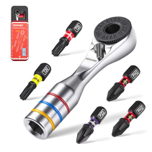 Image of GEINXURN 6 Pieces Mini Ratchet Set, 72 Teeth 1/4 Inch Hex Drive Ratchet Wrench, PH2/PZ2 Bits All in Slide Case, EDC Tool Kit, Connect to Any Hex Extensions to Meet Your Needs