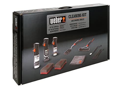 Weber Zestaw Czyszczenia Grili Emaliowanych, z: 3 Szczotki do Grilla, Środek do Czyszczenia Rusztu i Emalii, Spray Antyprzywierający, Ścierka Mikrofibrowa, Skrobaczka, 2 Gąbki do Czyszczenia (18284)