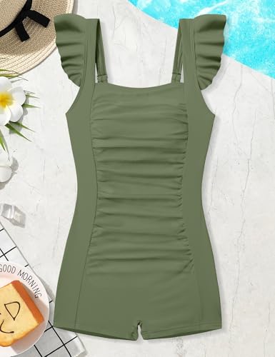 Image of Girls Swimsuit Ruffle Solid One Piece Bathing Suits 7-18 Years | Teen Bathing Suits for Girls Ruched Sleeveless Girls' Swimwear