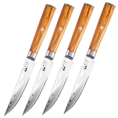 FUJUNI Damascus Steak Knives Set of 4 - Non serrated Steak Knives 5 inch Damascus VG10 Steel 67-Layer - Natural Olive Wood Handle- Exquisite Box by FUJUNI - Used condition - US$86.90