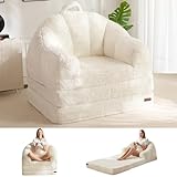 MAXYOYO Folding Sofa Bed, 2 in 1 Convertible Sofa to Lounger Comfy Single Bean Bag Chair for Adults, Floor Sleeper Couch with Handle, Faux Fur Couch Bed for Living Room Bedroom, Beige