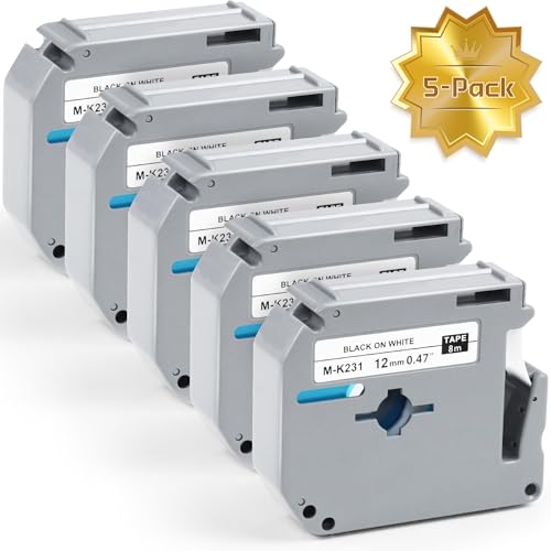 QWUIU M-K231 Label Maker Tape 12mm 0.47 White Compatible with Brother P-Touch M Tape MK-231 for Brother PTouch PT-M95 PT-90 PT-85 PT-70BM PT-65 PT-45 Label Maker 5-Pack