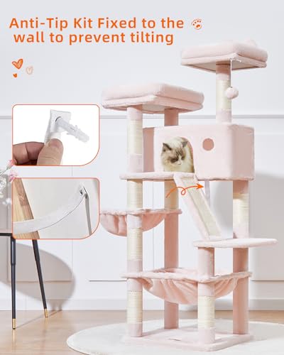 Image of Taoqimiao Cat Tree 57.5-Inch, Cat Tower for Indoor Cats Large Adult, Extra Large Cat Condo, 8 Sisal Scratching Posts, Metal Frame Cozy Hammock, Durable Scratch Board, 2 Top Perches, Jelly Pink MS026P