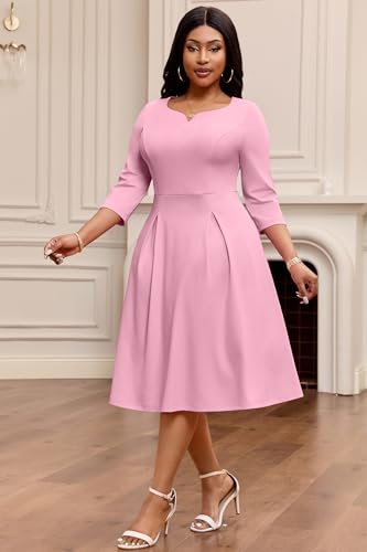 Image of Nmoder Fit-and-Flare Midi Dress V-Notch Neck Casual Dress Side Pockets | V-notch neckline;A-line swing silhouette; Soft breathable fabric; Perfect for church wedding guest work daily wear
