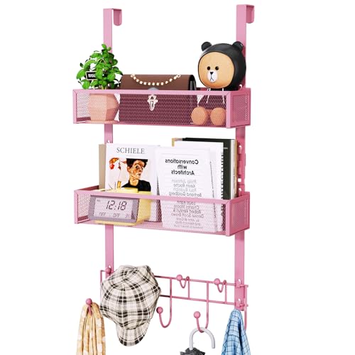HapiRm Over The Door Hanger with Coat Hooks and 2 Baskets, Rustproof & Waterproof Pink Over The Door Hooks, Storage Organizer for Hats, Bathroom, Kitchen, Bedroom - Pink