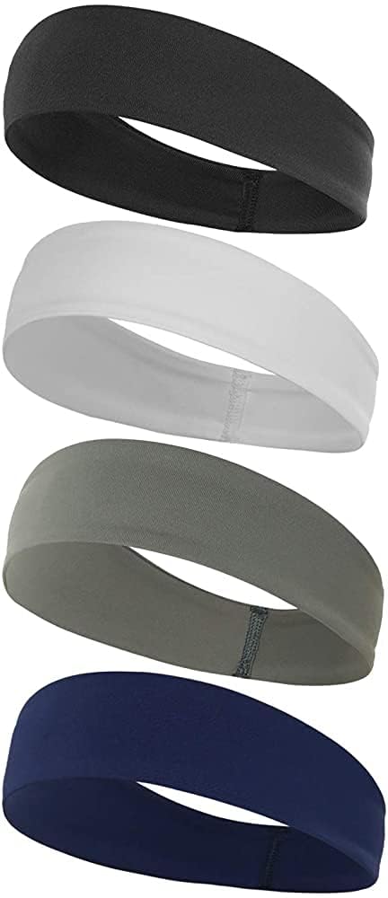 4 Pack Wicking Stretchy Athletic Bandana Headbands/Head wrap/Yoga Headband/Head Scarf/Best Looking Hairband for Sports or Fashion,Candy Colors in Wide (Black Blue Grey White)