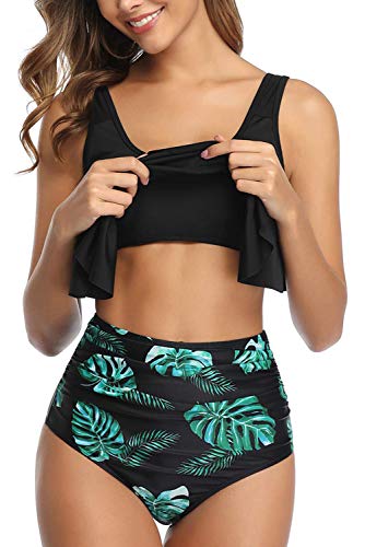 Image of Women High Waisted Bikini Swimsuit Flounce Vintage 2 Piece Bathing Suits | Vintage,tummy control,two piece bathing suits,plus size,swimwear,ruffled,tankini top,bikini bottom