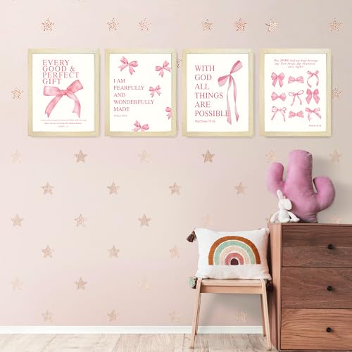 Image of LARTSFRO Coquette Pink Bow Wall Art Decor Posters, Pink Bow Room Bedroom Bathroom Dorm Wall Art Decor Aesthetic for College Teen Girls Gifts, Inspirational Bible Verses Bow Wall Decor, 10x8 Inch Set of 4 Pcs Bow Pictures (WOOD-GRAIN FRAMED)