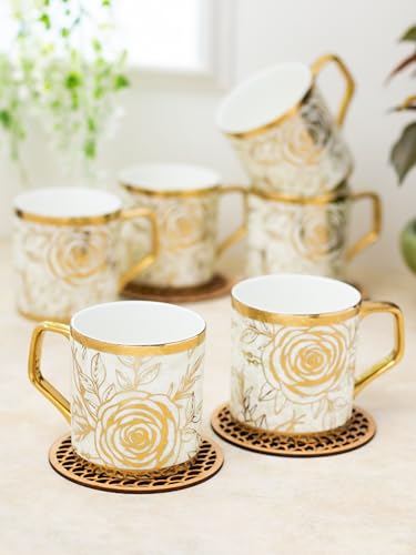 Image of Clay Craft Fine Ceramic Gold Printed Coffee /Tea Cups Set of 6-200 ml Each, Tea Cup Set of 6, Mugs for Coffee, Cups Set of 6, Mug Set, Ideal for Gifting, Perfect for Home and Office (E602)