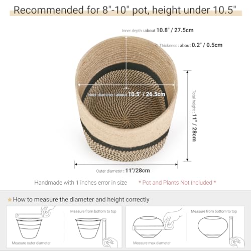 Image of Dahey Jute Rope Plant Basket Modern Woven Storage Basket for 10.5 inch Indoor Planter, Decorative Flower Pots Cover Laundry Bin with Handle Rustic Home Decor, Black