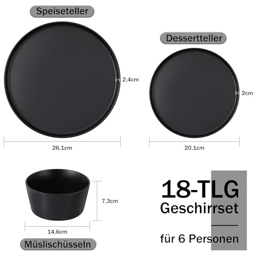 Homikit Geschirrset 6 Personen, 18-tlg Steinzeug Geschirr Set Tafelservice, Essgeschirr mit Speiseteller Dessertteller Müslischüsseln, Mikrowellen- und Spülmaschinenfest, Kratzfest, Mysterium Schwarz