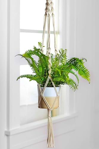 ecofynd Macrame Plant Hanger, Cotton Rope Flower Pot Holder for Indoor Outdoor Balcony Garden Wall, Boho Home Decor Basket Hanger, Ivory, 39 inches, P
