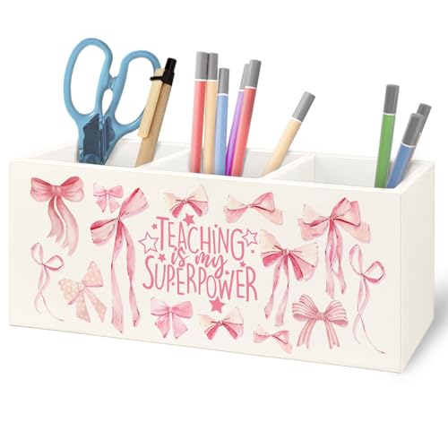 Image of Teacher Appreciation Gifts Wooden Pen Pencil Holder for Office Desk, Back to School Gifts for Teacher, Coquette Pink Preppy Teaching is My Superpower Makeup Brush Toothbrush Holder Organizer