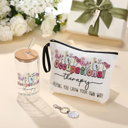 Kacctyen 3 Pcs Occupational Therapy Gift for Women Occupational Therapist Makeup Bag with Keychain 17 oz Inspirational Glass Cups with Lids and Straws Therapy Gifts for Therapists OT Women - Image 7