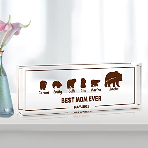 Personalized Office Desk Accessories Gift Mama Bear Family Sign with Names Text Date,Custom Mothers Day Gift from Daughter Son,Clear Glass Acrylic Desk Decor Desk Decorations for Women Office…