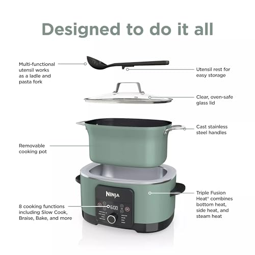Ninja MC1001H Foodi PossibleCooker PRO 8.5 Quart Multi-Cooker, 8-in-1 Slow Cooker, Pressure Cooker, Dutch Oven & More, Glass Lid & Integrated Spoon, Nonstick, Oven Safe to 500&deg;F, Sage Green (Renewed)
