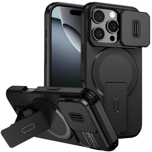 Image of ShieldTech MagStand Series Case for iPhone 16 Pro, Mobile Cover with Sliding Camera Shield, Mag-Safe, Kickstand, Shockproof for Apple iPhone 16 Pro - Black
