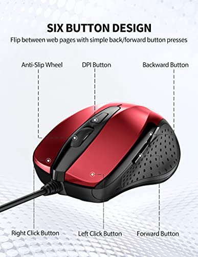 Image of TECKNET USB Wired Mouse, 6-Button Corded Computer Mouse with 4 Adjustable DPI, Optical Computer Mice with Ergonomic Design and 5FT Cord for Laptop, Chromebook, PC, Desktop, Mac, Notebook - Dard Red